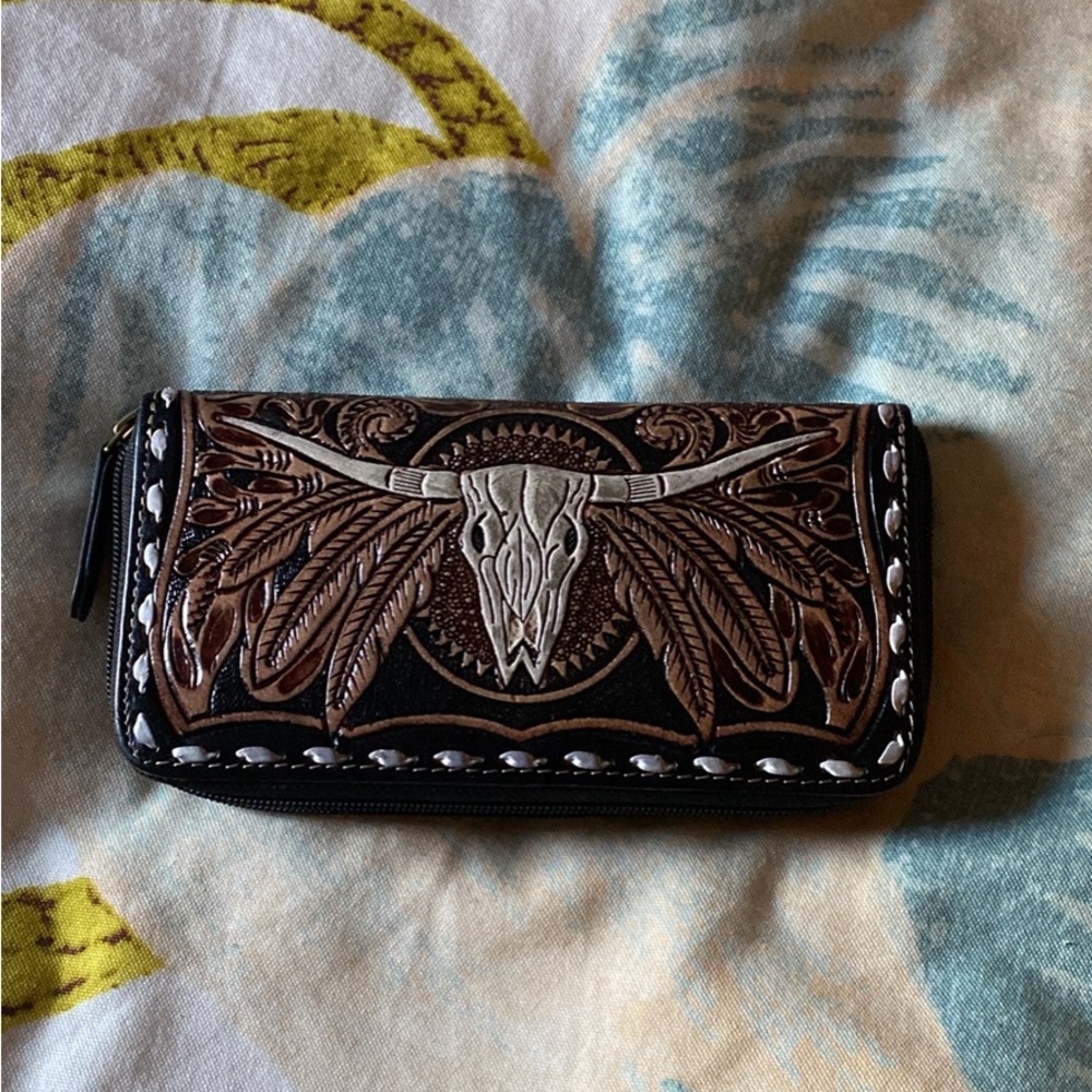 Tooled leather cow skull wallet